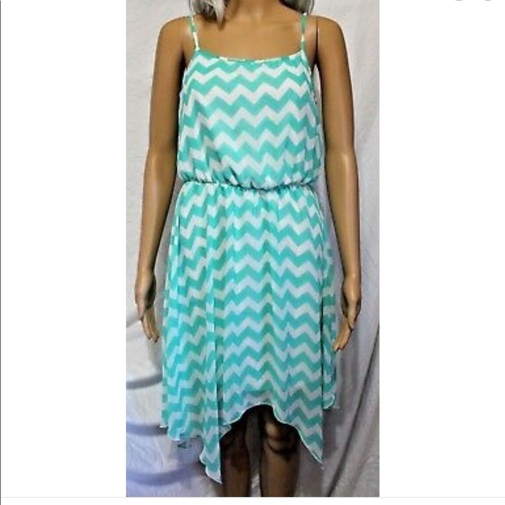 White and teal zigzag striped dress